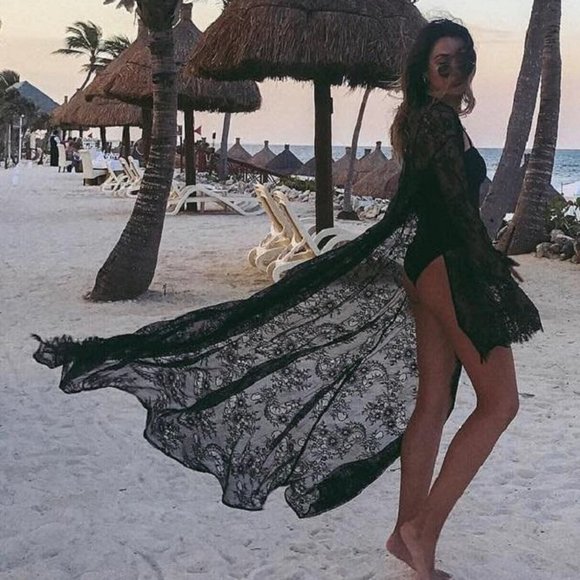 Black Boho Beach Dress Bikini Cover-up/Sarong swim cover up Resort Robe - Picture 8 of 8